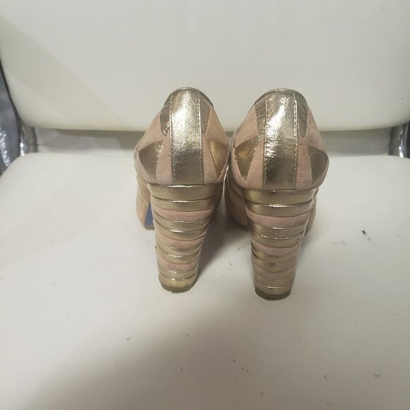 Irregular Choice Chunky Platform Heels beige suede and gold LaméSize 37Preown - Picture 3 of 4